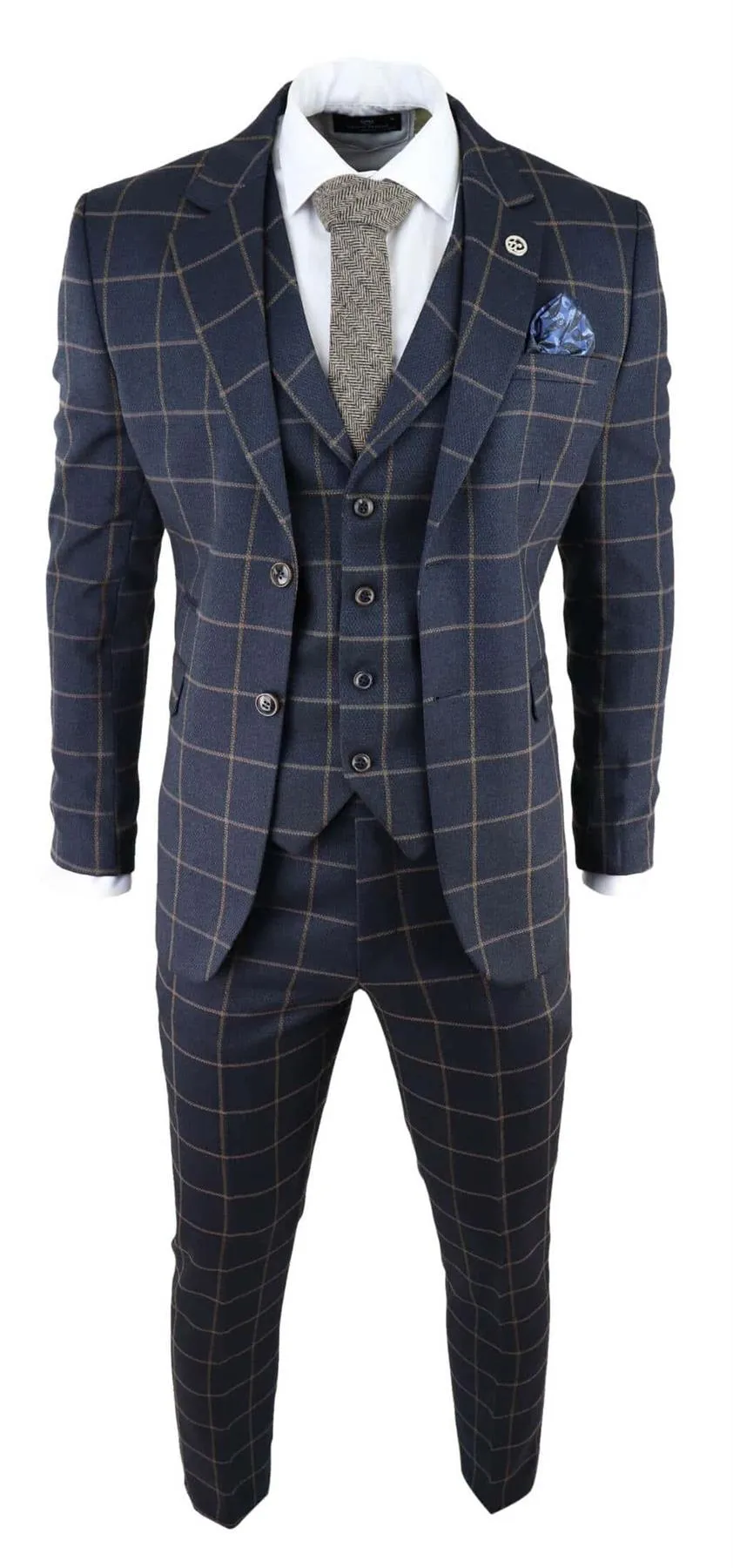 Costume trois pièces en tweed bleu marine à carreaux pour homme, style Peaky Blinders, coupe ajustée des années 1920 Gatsby