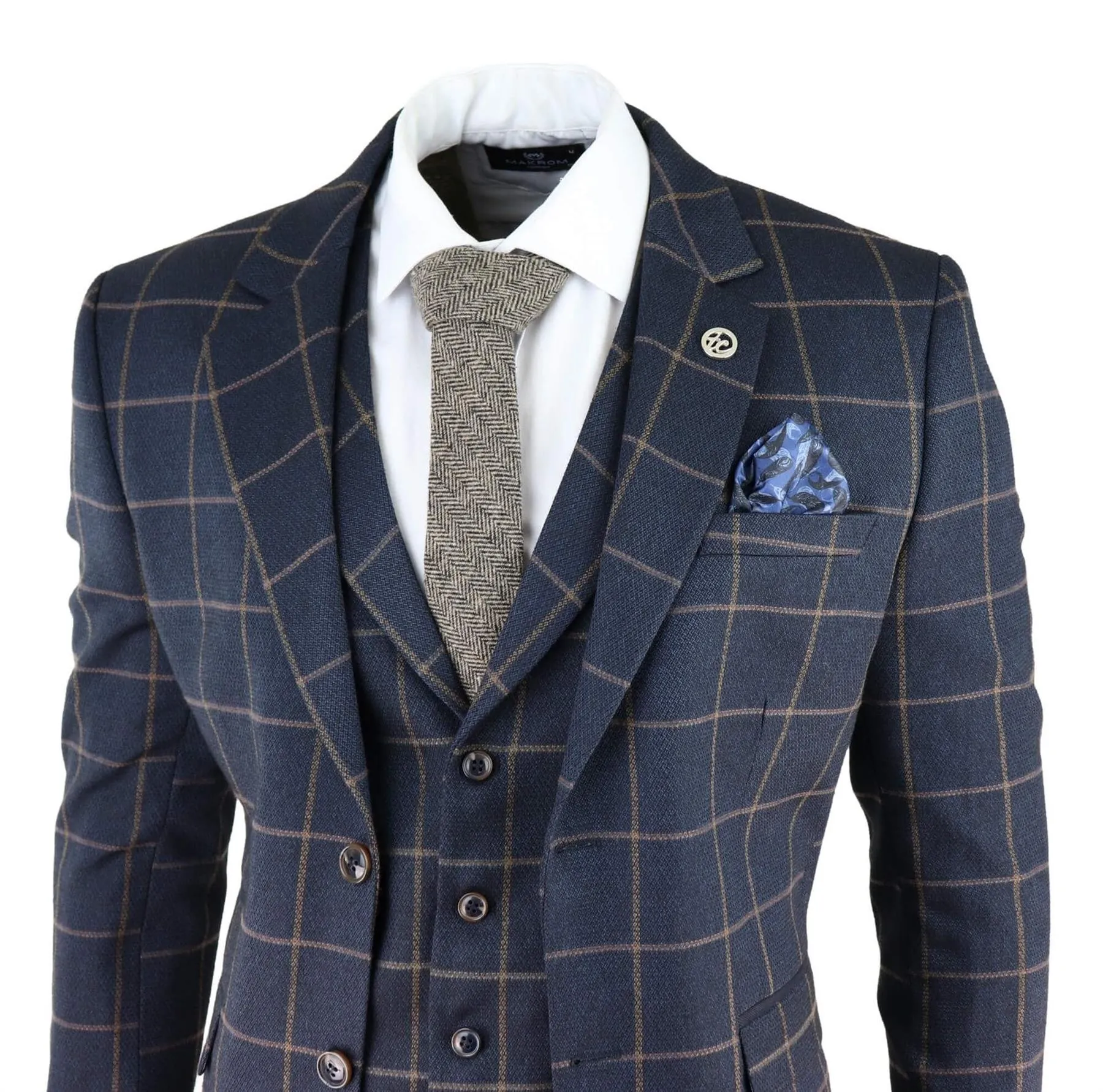 Costume trois pièces en tweed bleu marine à carreaux pour homme, style Peaky Blinders, coupe ajustée des années 1920 Gatsby