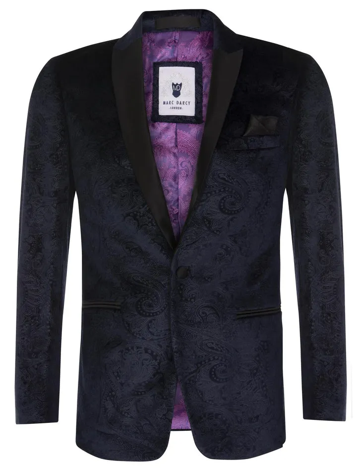 Veste de dîner en velours bleu marine à motif Paisley pour homme