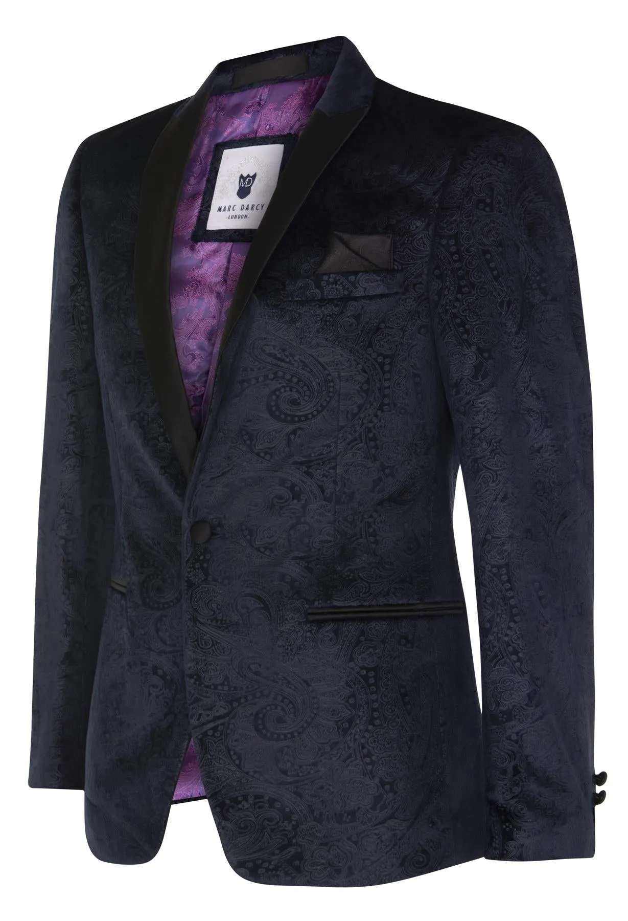 Veste de dîner en velours bleu marine à motif Paisley pour homme