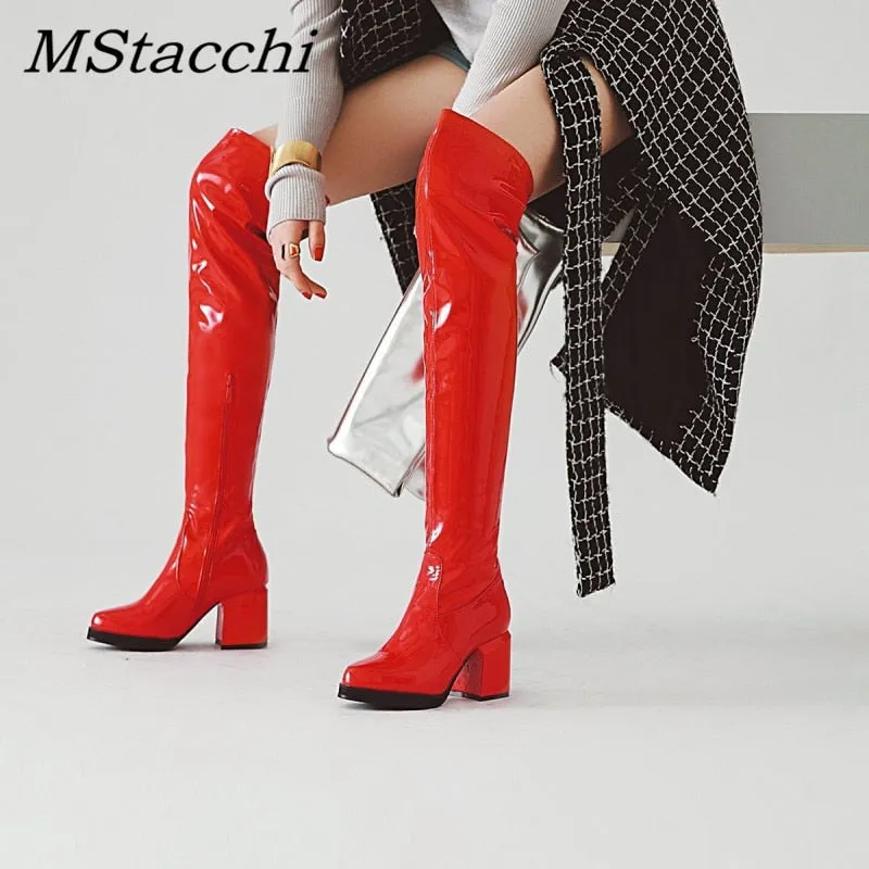 MStacchi Bottes Classiques à Talons Épais Bout Rond pour Femme en Cuir Vernis Argenté Hauteur Genou Bottes Femme Chaussures Chaudes d'Hiver pour Soirée Mode Nova