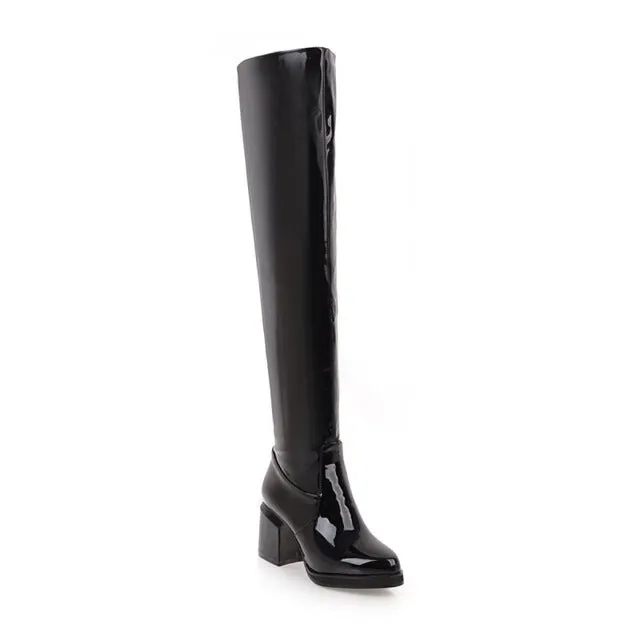 MStacchi Bottes Classiques à Talons Épais Bout Rond pour Femme en Cuir Vernis Argenté Hauteur Genou Bottes Femme Chaussures Chaudes d'Hiver pour Soirée Mode Nova