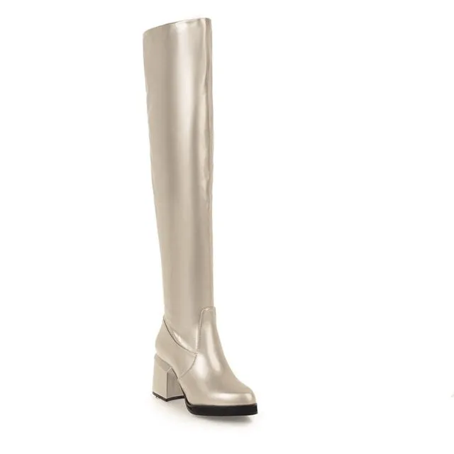 MStacchi Bottes Classiques à Talons Épais Bout Rond pour Femme en Cuir Vernis Argenté Hauteur Genou Bottes Femme Chaussures Chaudes d'Hiver pour Soirée Mode Nova
