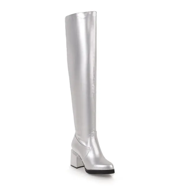 MStacchi Bottes Classiques à Talons Épais Bout Rond pour Femme en Cuir Vernis Argenté Hauteur Genou Bottes Femme Chaussures Chaudes d'Hiver pour Soirée Mode Nova