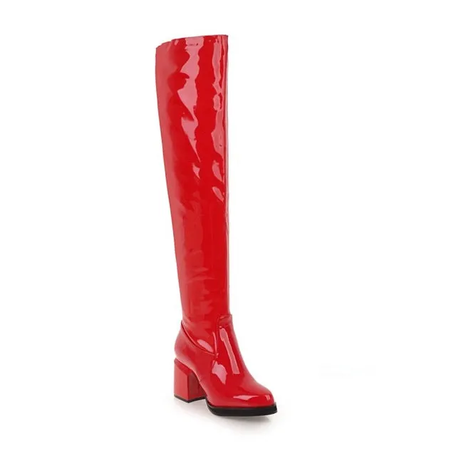 MStacchi Bottes Classiques à Talons Épais Bout Rond pour Femme en Cuir Vernis Argenté Hauteur Genou Bottes Femme Chaussures Chaudes d'Hiver pour Soirée Mode Nova