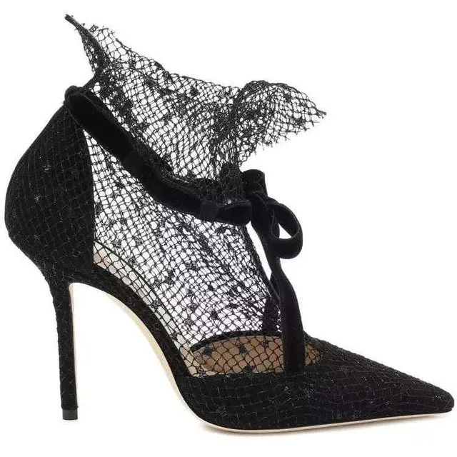MStacchi Bottines Sexy en Mesh pour Femmes Printemps Noeud en Dentelle Bout Pointu Chaussures Femme Talons Hauts Évidés Chaussures de Soirée Chaussures de Mariage Chaussures Fashion Nova