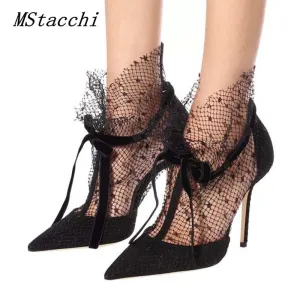 MStacchi Bottines Sexy en Mesh pour Femmes Printemps Noeud en Dentelle Bout Pointu Chaussures Femme Talons Hauts Évidés Chaussures de Soirée Chaussures de Mariage Chaussures Fashion Nova