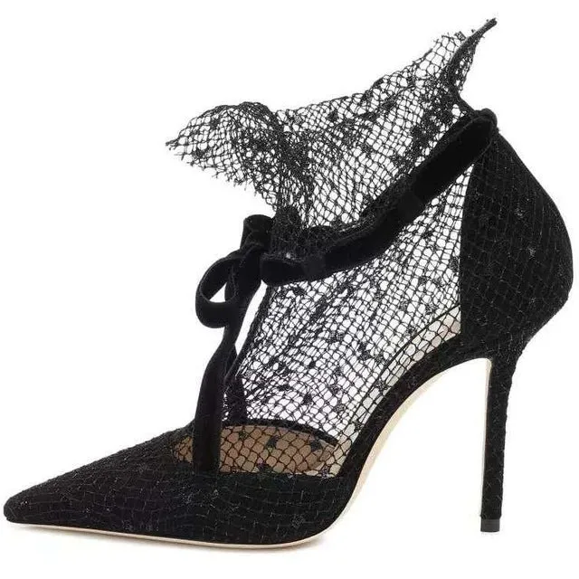 MStacchi Bottines Sexy en Mesh pour Femmes Printemps Noeud en Dentelle Bout Pointu Chaussures Femme Talons Hauts Évidés Chaussures de Soirée Chaussures de Mariage Chaussures Fashion Nova