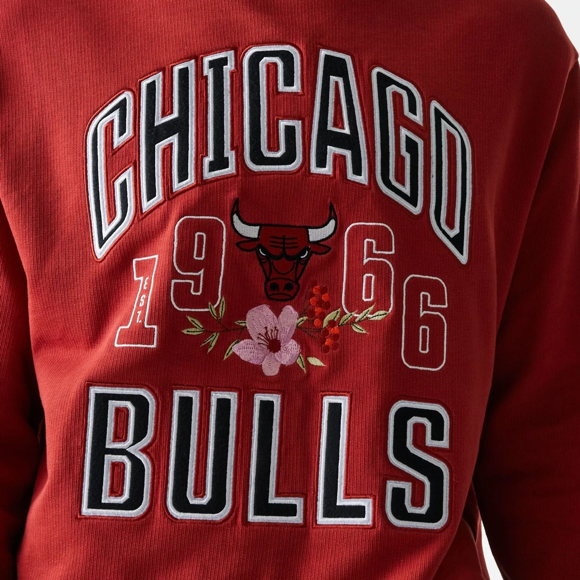 Sweats à capuche et pulls à capuche New Era Chicago Bulls NBA Floral Rouge Grosse maille col ras du cou surdimensionné