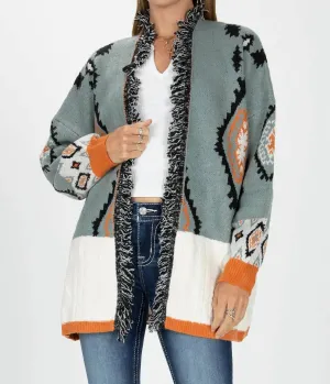 Cardigan Aztec Surdimensionné en Vert Jade