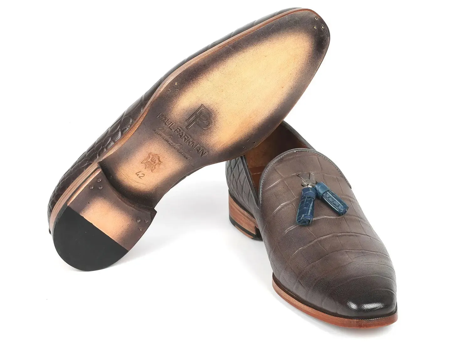 Paul Parkman Chaussures Paul Parkman Mocassins à gland en veau gaufré crocodile gris pour homme