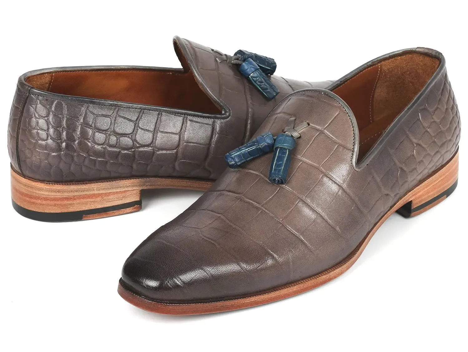 Paul Parkman Chaussures Paul Parkman Mocassins à gland en veau gaufré crocodile gris pour homme