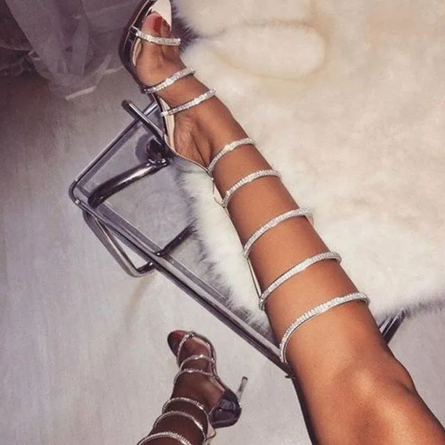 RIBETRINI Sandales sexy pour femmes, Bottes hautes à mi-genou, Sandales à talons hauts strass, Chaussures mode été 2020 pour soirée et club, Chaussures Fashion Nova