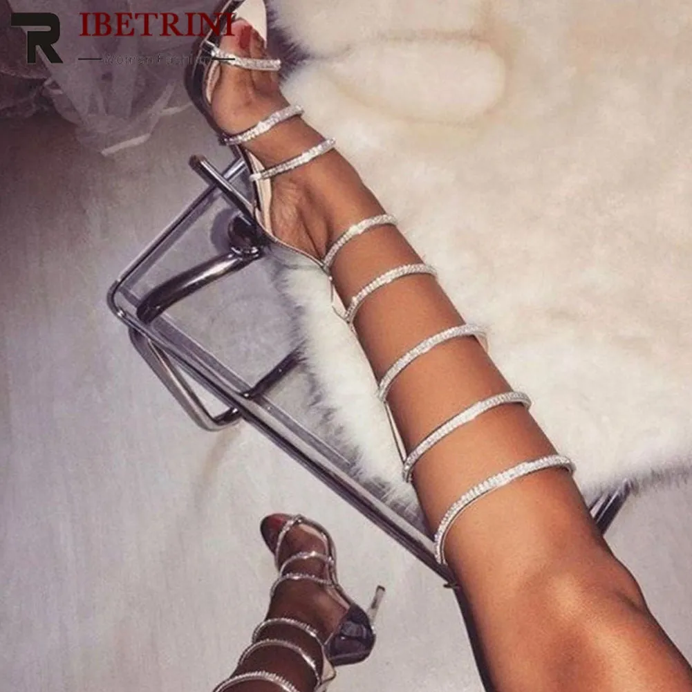 RIBETRINI Sandales sexy pour femmes, Bottes hautes à mi-genou, Sandales à talons hauts strass, Chaussures mode été 2020 pour soirée et club, Chaussures Fashion Nova