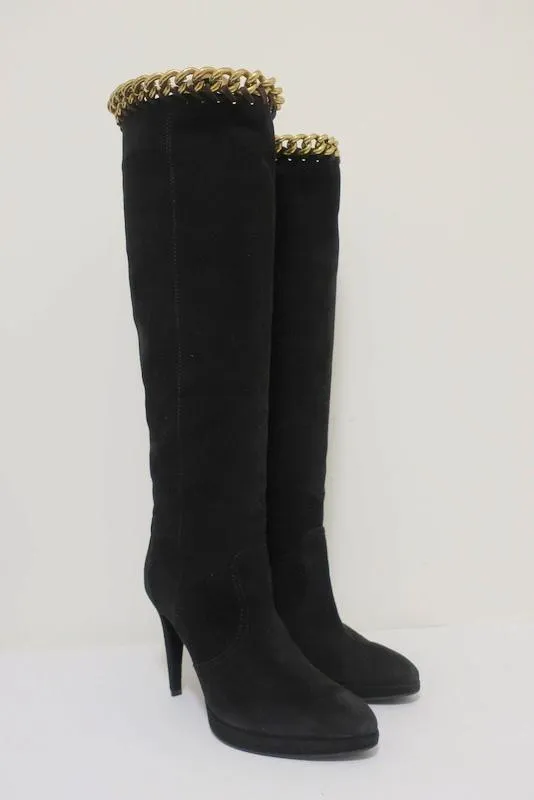 Bottes genou Sergio Rossi à chaînes noir suédine taille 36 avec plateforme et talon