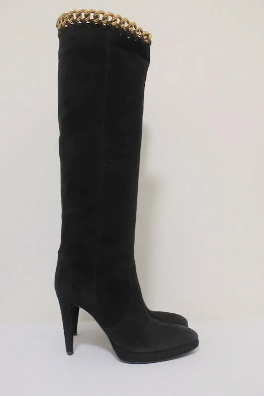 Bottes genou Sergio Rossi à chaînes noir suédine taille 36 avec plateforme et talon