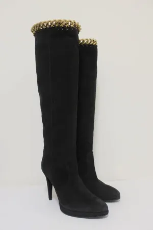 Bottes genou Sergio Rossi à chaînes noir suédine taille 36 avec plateforme et talon