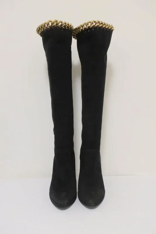 Bottes genou Sergio Rossi à chaînes noir suédine taille 36 avec plateforme et talon