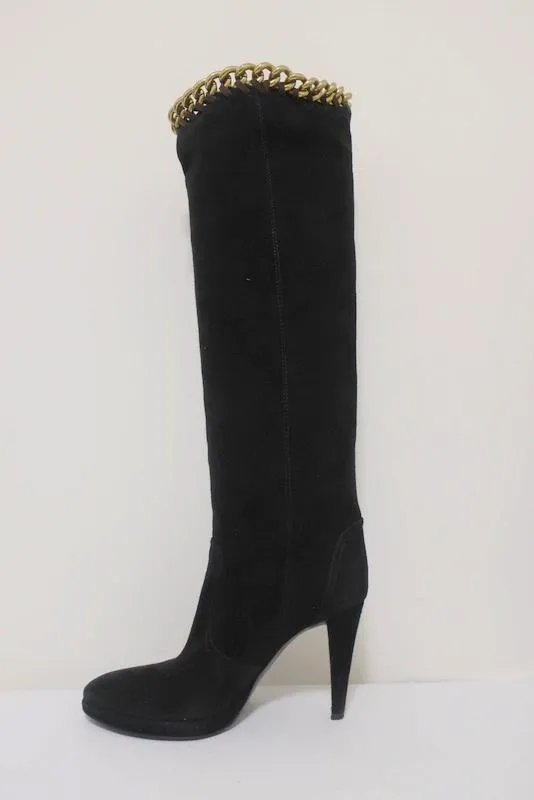 Bottes genou Sergio Rossi à chaînes noir suédine taille 36 avec plateforme et talon