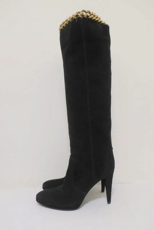 Bottes genou Sergio Rossi à chaînes noir suédine taille 36 avec plateforme et talon