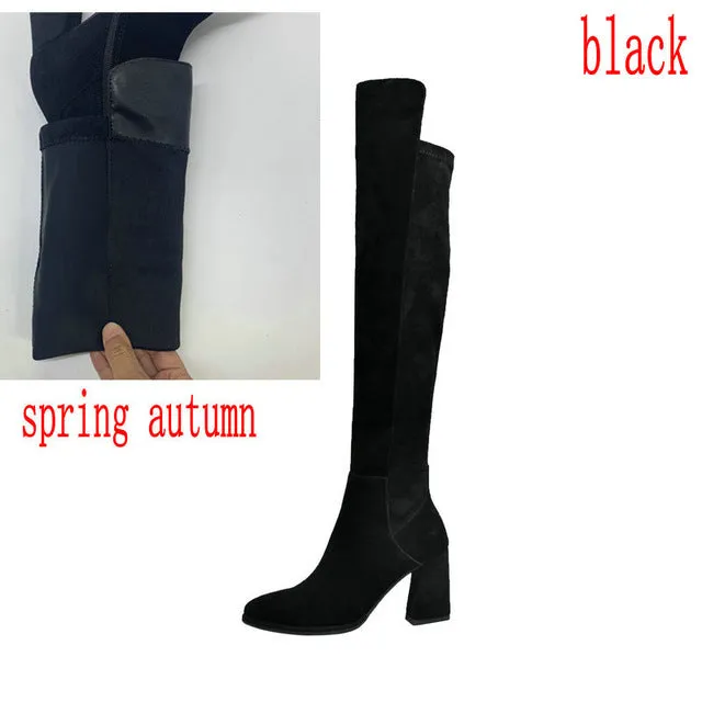 Bottes femme sexy hautes sur le genou en daim épais à talons hauts pour femmes, chaussures de fête noir gris automne hiver, Fashion Nova Shoes