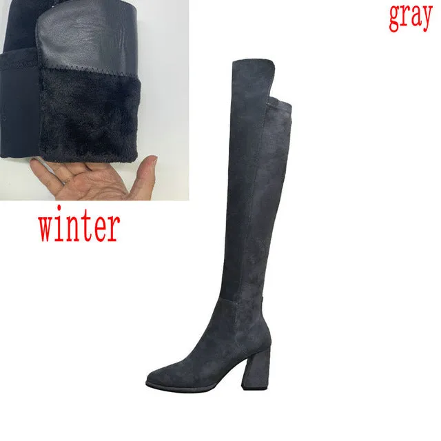 Bottes femme sexy hautes sur le genou en daim épais à talons hauts pour femmes, chaussures de fête noir gris automne hiver, Fashion Nova Shoes