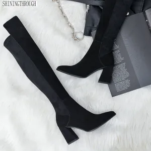 Bottes femme sexy hautes sur le genou en daim épais à talons hauts pour femmes, chaussures de fête noir gris automne hiver, Fashion Nova Shoes