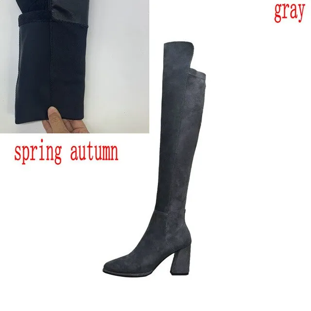 Bottes femme sexy hautes sur le genou en daim épais à talons hauts pour femmes, chaussures de fête noir gris automne hiver, Fashion Nova Shoes
