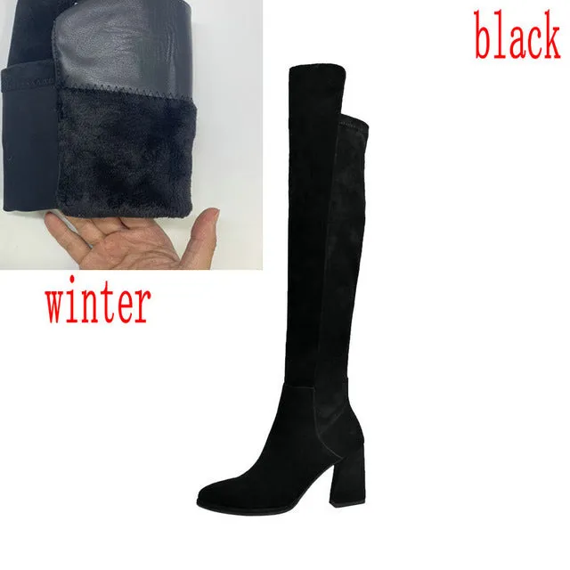 Bottes femme sexy hautes sur le genou en daim épais à talons hauts pour femmes, chaussures de fête noir gris automne hiver, Fashion Nova Shoes