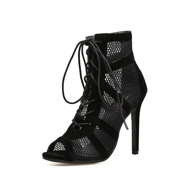 Sandales Bottines Femme à Bout Ouvert et Talons Hauts Fins, Escarpins Femme en Mesh Ajouré avec Lacets Croisés, Chaussures Gladiateur Sexy Mode Nova