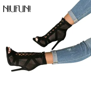 Sandales Bottines Femme à Bout Ouvert et Talons Hauts Fins, Escarpins Femme en Mesh Ajouré avec Lacets Croisés, Chaussures Gladiateur Sexy Mode Nova