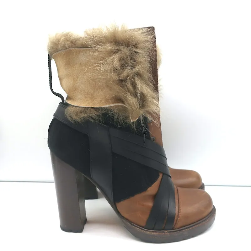 Bottes Vanessa Bruno en cuir marron et daim noir avec garniture en fausse fourrure taille 41