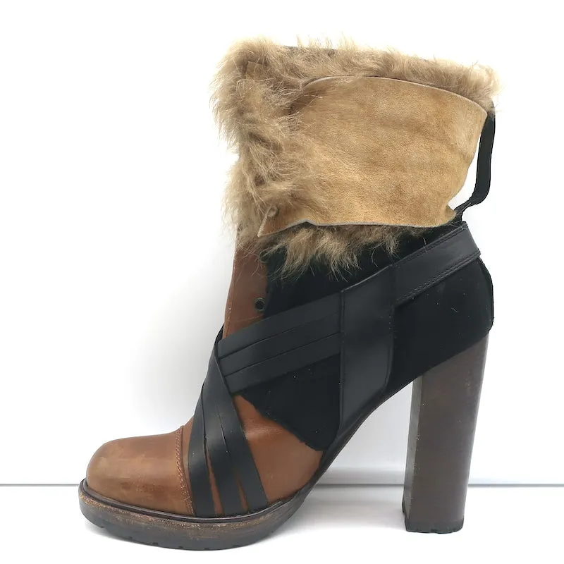 Bottes Vanessa Bruno en cuir marron et daim noir avec garniture en fausse fourrure taille 41