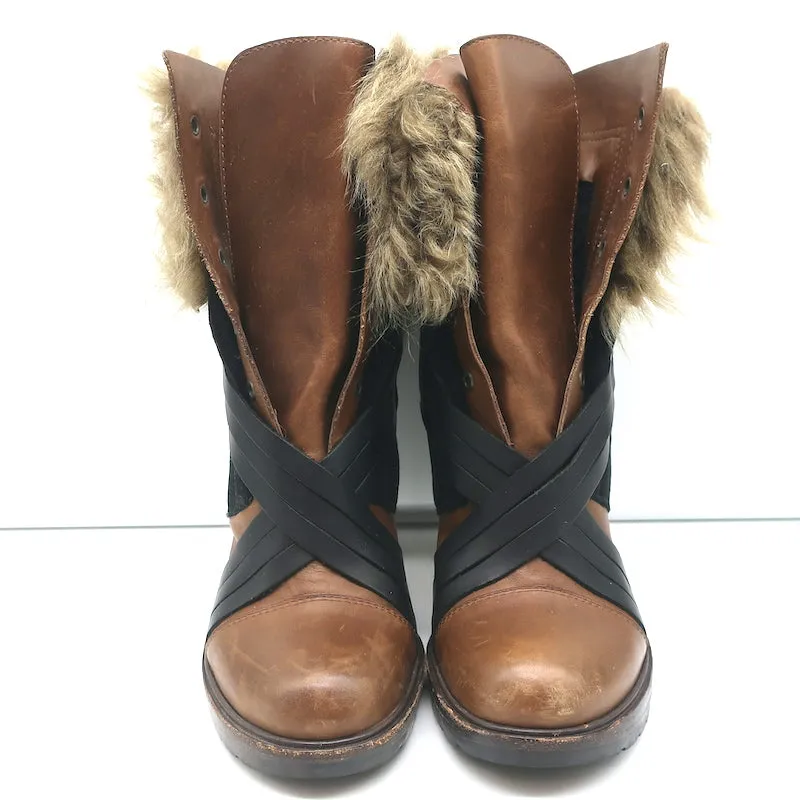 Bottes Vanessa Bruno en cuir marron et daim noir avec garniture en fausse fourrure taille 41