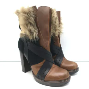 Bottes Vanessa Bruno en cuir marron et daim noir avec garniture en fausse fourrure taille 41