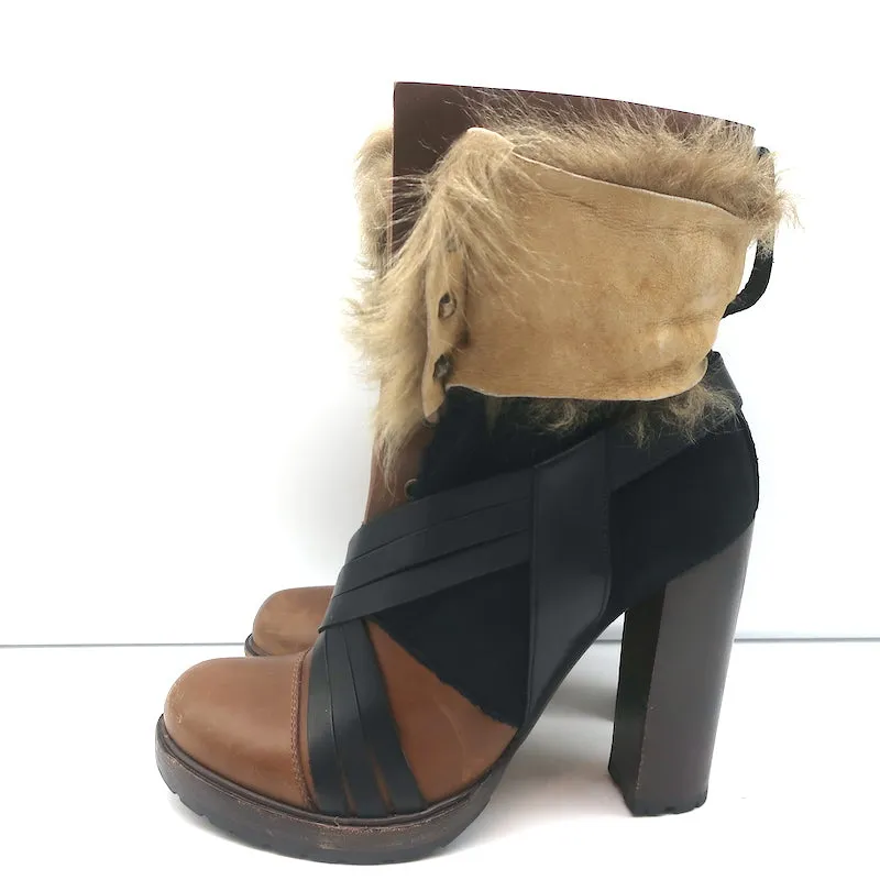 Bottes Vanessa Bruno en cuir marron et daim noir avec garniture en fausse fourrure taille 41
