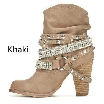XingDeng Bottes Femme à Boucles et Rivets Printaniers, Bottes Western à Talons Hauts pour Femme, Bottes Sexy pour Soirée ou Moto, Tailles Grandes 34-43, Chaussures Mode Nova
