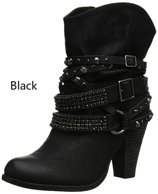XingDeng Bottes Femme à Boucles et Rivets Printaniers, Bottes Western à Talons Hauts pour Femme, Bottes Sexy pour Soirée ou Moto, Tailles Grandes 34-43, Chaussures Mode Nova