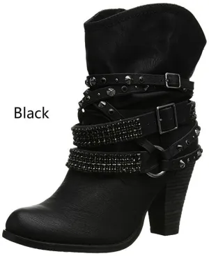 XingDeng Bottes Femme à Boucles et Rivets Printaniers, Bottes Western à Talons Hauts pour Femme, Bottes Sexy pour Soirée ou Moto, Tailles Grandes 34-43, Chaussures Mode Nova