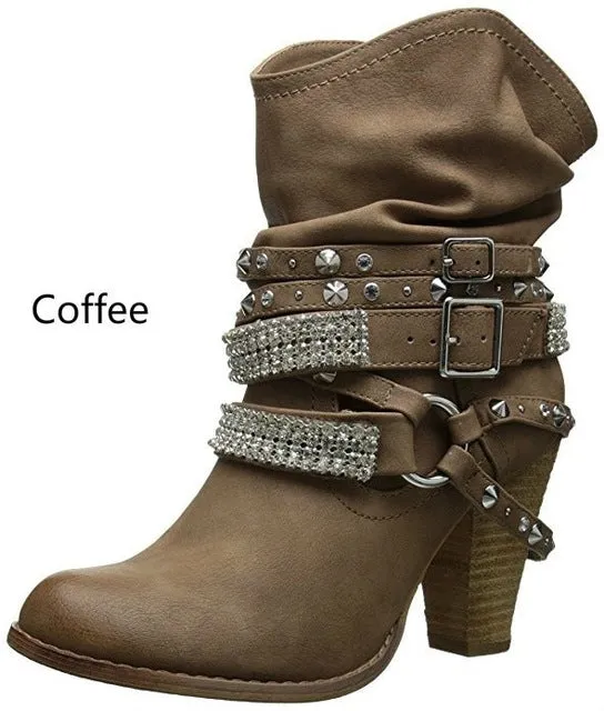 XingDeng Bottes Femme à Boucles et Rivets Printaniers, Bottes Western à Talons Hauts pour Femme, Bottes Sexy pour Soirée ou Moto, Tailles Grandes 34-43, Chaussures Mode Nova